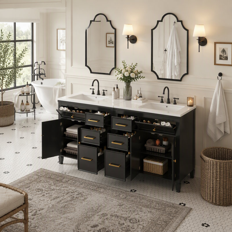 2-Piece Freestanding Bathroom Vanity Set with Ceramic Sink Top, Reversible Layout, Six Drawers, Solid Wood Legs, Black, Black