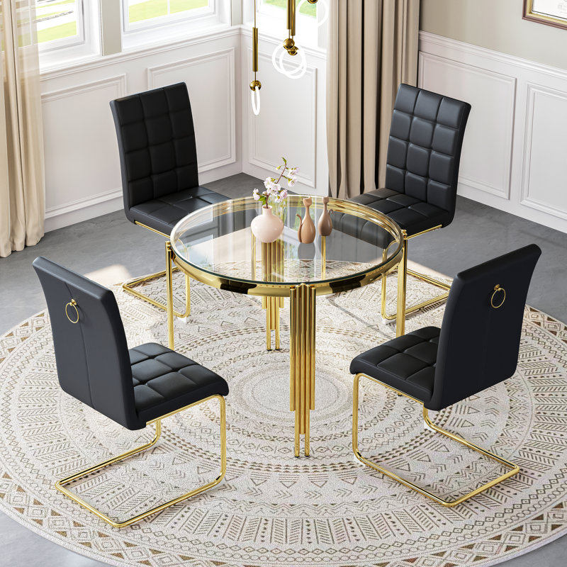 5-Piece Round Glass Dining Set, 37" Tempered Glass Table With 4 High Back PU Leather Chairs, Black/Gold, Clear/Gold
