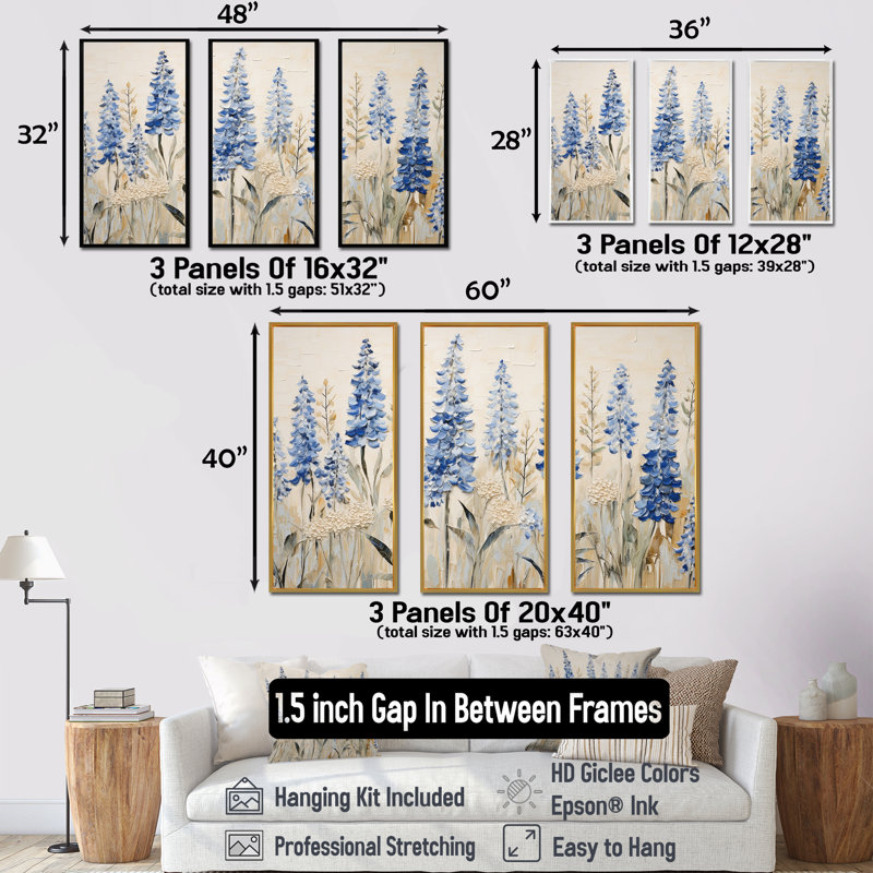 Magical Blue Bonnets Grass Meadows II - ensemble d'art mural Bonnets bleus, Cadre flottant blanc, H 32 po x l 48 po x P 1 po
