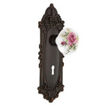 White Rose Porcelain Interior Mortise Door Knob with Victorian Long Plate