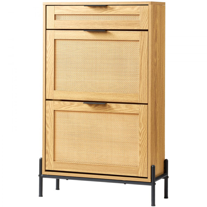 Rattan Shoe Cabinet, Narrow Shoe Storage Organizer with 2 Flip Rattan Drawers & 1 Slide Drawer, Metal Legs, Slim Shoe Entryway Cabinet Ideal for Entryway, Closet, Hallway, Light Wood Color