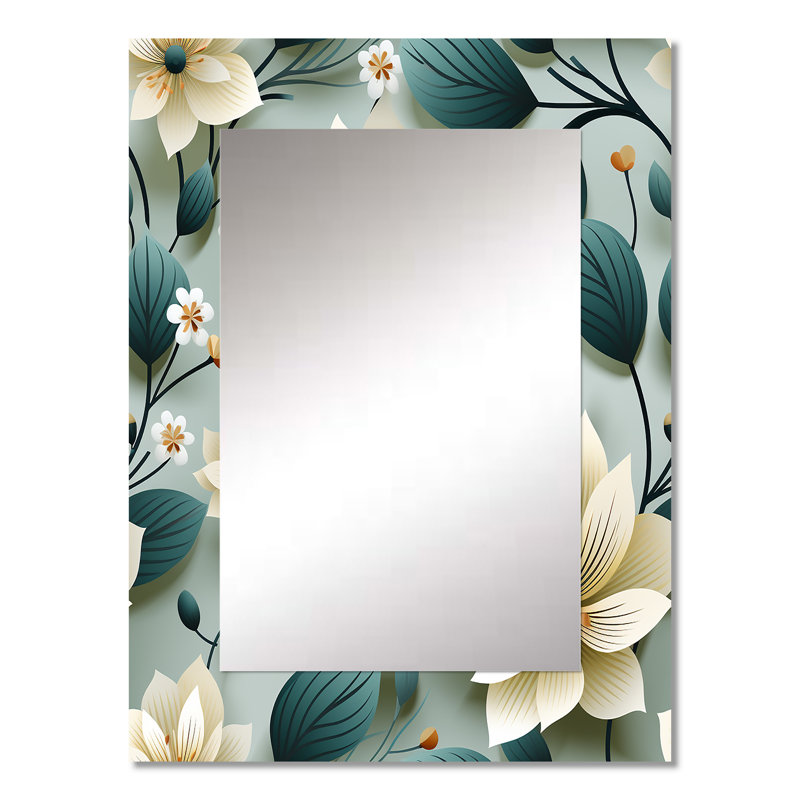 Anyelis Teal & Ivory Coastal Elegance Floral Pattern - Floral Mirror, Floral Decorative Wall Mirror, Printed Metal Art