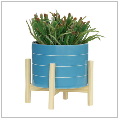 8" STRIPED PLANTER W/ WOOD STAND, SKYBLUE