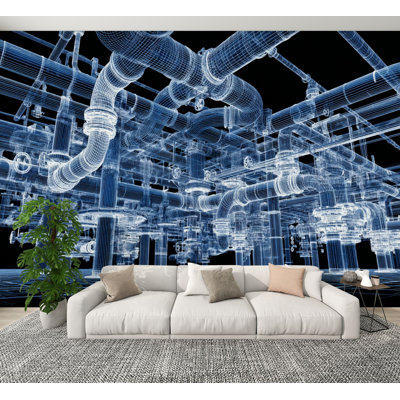 Blueprint Peel and Stick Wallpaper Ultra Fine Wireframe Valved Industrial Pipeline Wall Murals 100"H x 144"W Removable PVC Wall Paper Self-Adhesive Wall Decor for Bedroom Living Room Home Office
