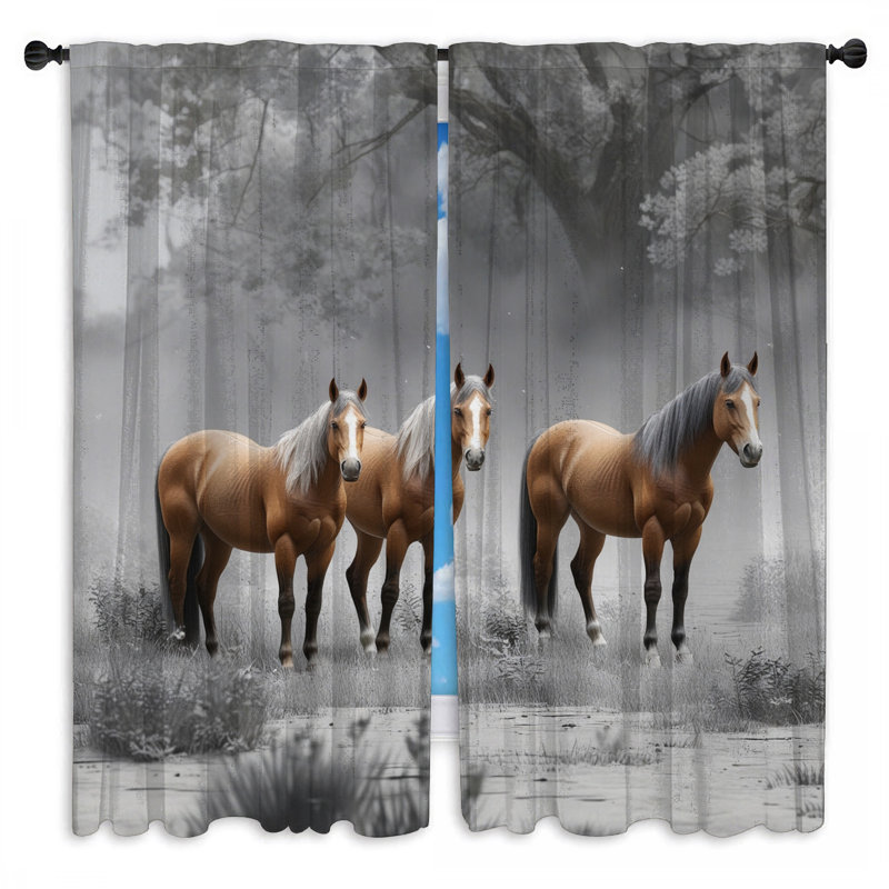 Rideaux de fenêtre Three Horses In Forest, 20 po x 60 po - 2 panneaux, Obscurcissement de chambre
