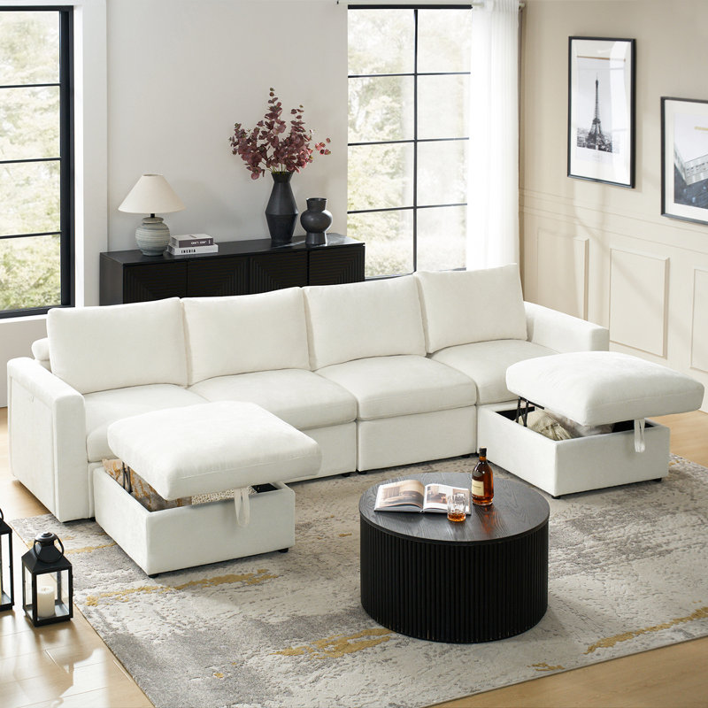 Canapé modulaire de rangement 6 pièces avec accoudoirs multifonctionnels Doulyn, Mélange de polyester beige