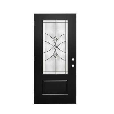 Portes extérieures modernes en fibre de verre 36 x 80 noir, verre décoré, ouverture à gauche