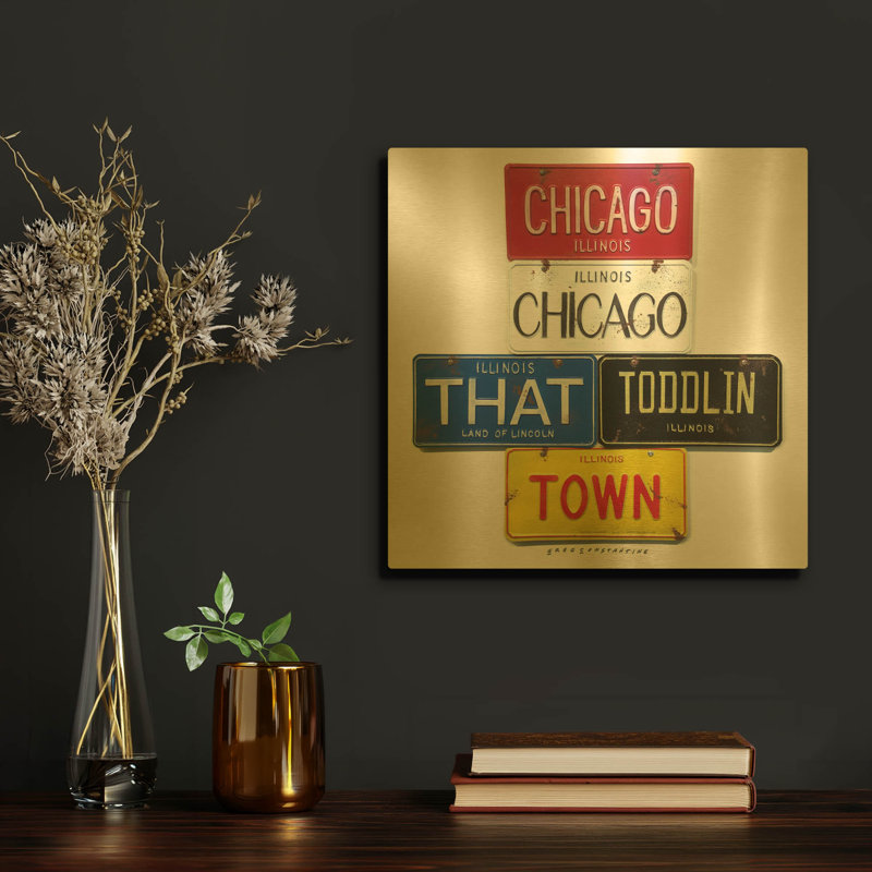 «Chicago» par Gregory Constantine, art mural en métal doré, 12 po x 12 po, 12 po x 12 po