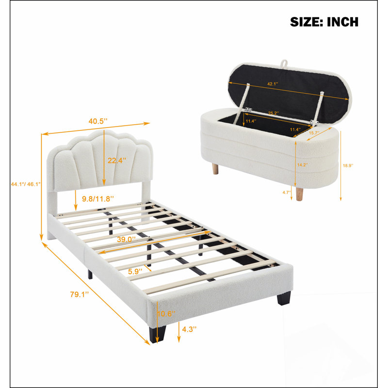 Ensemble de chambre à coucher 2 pièces avec lit plateforme tapissier simple en forme de fleur à DEL avec banc de rangement
