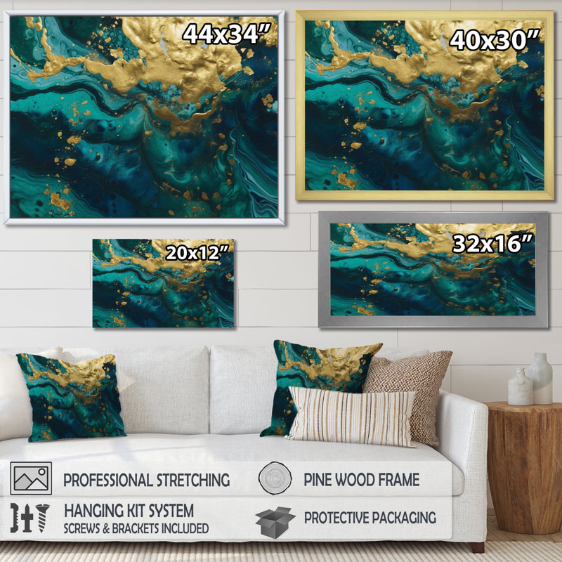 Sarcelle et or liquide Magic I - reproduction sur toile abstraite, Cadre doré simple, H 16 po x l 32 po x P 1 po