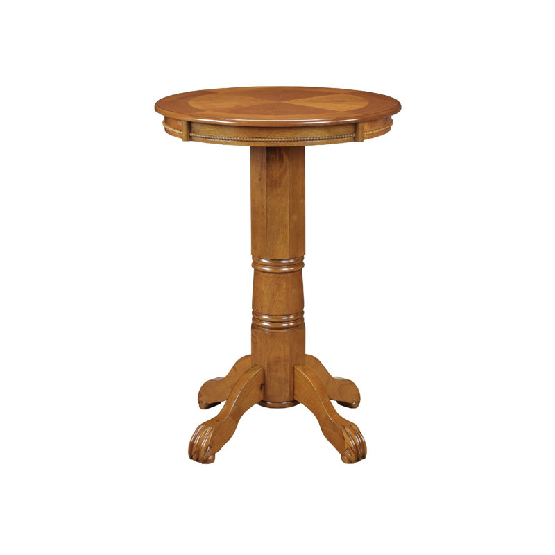 Kulo 42 Inch Wood Pub Bar Table, Sunburst Design, Carved Pedestal, Oak, Oak