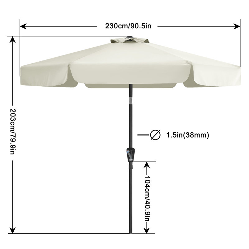 Parasol de marché Holmquist avec cantonnière festonnée, inclinaison et relevage, Crème, 7.5'