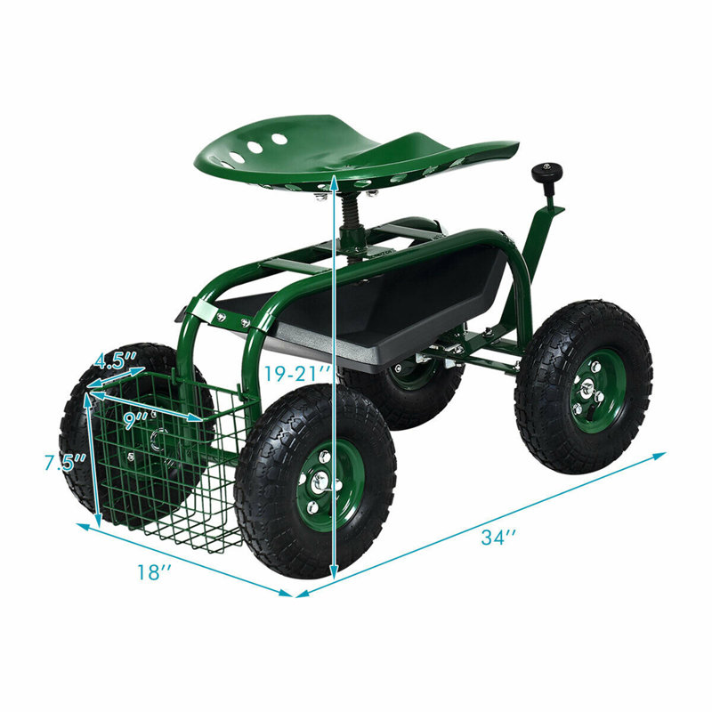Rouleau de jardin avec trottinette et plateau de rangement réglable, Vert, Vert, 21