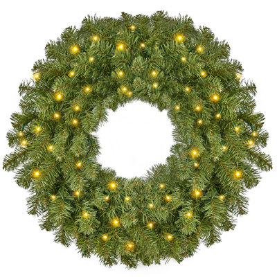 Couronne de Noël pré-éclairée de 24 po avec lumières chaudes, grandes couronnes de Noël éclairées pour porte d'entrée, fenêtres, salon, décorations de Noël pour l'intérieur et l'extérieur, fonctionnant à piles