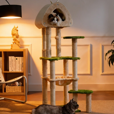 Tour pour arbre à chat 56,3 po pour chatons d'intérieur / centre d'activité de mobilier à plusieurs niveaux avec base large / perchoirs / paniers de chat en peluche confortable / poteaux à griffer en sisal et hamac
