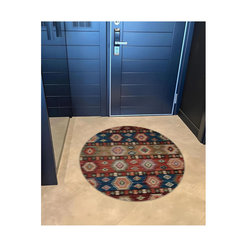 Multicolored Ethnic Motif Traditional Patterned Round Woven Base Vintage Decorative Carpet, Round 4'