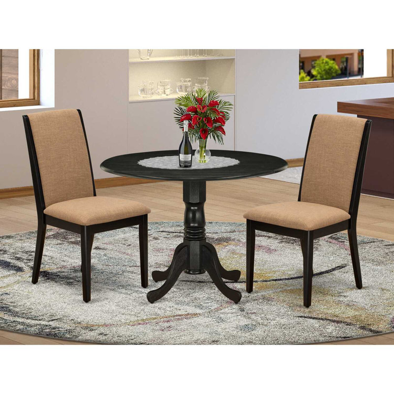 3 Piece Dining Table Set Contains a Round Dining Room Table with Dropleaf and 2 Light Sable Linen Fabric Upholstered Chairs, 42x42 Inch, Black