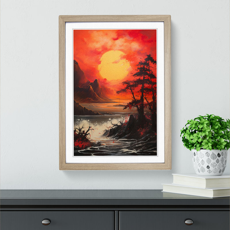 Japanese Sunset Gestural - Framed Print, 64cm H x 46cm W x 2cm D, Oak 
