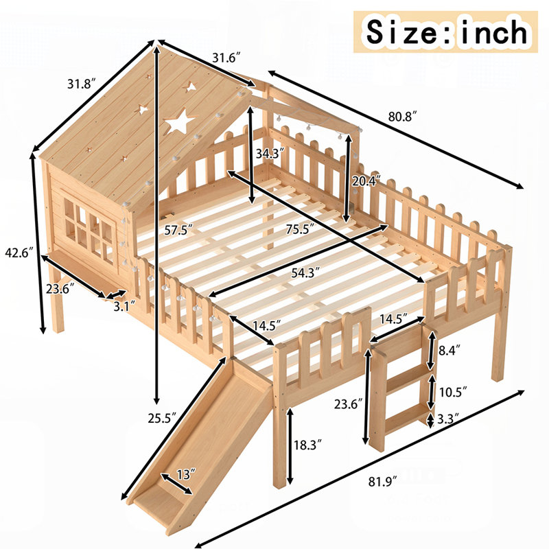 House Loft Bed with Slide and Playhouse Design, Star Moon-shaped Cutouts, LED Lights, No Box Spring Needed, Natural, Full