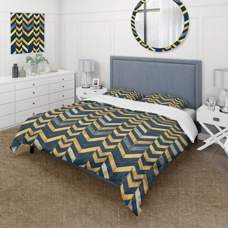 Ensemble de housse de couette bleu marine Midcentury Herringbone Print II - Midcentury