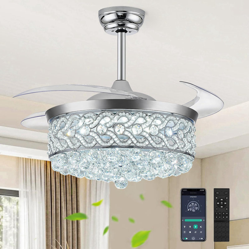 42 Inch Crystal Fandelier Ceiling Fan, Retractable Chandelier Ceiling Fan With Lights And Remote For Bedroom Living Room, LED Dimmable, Quiet DC Motor
