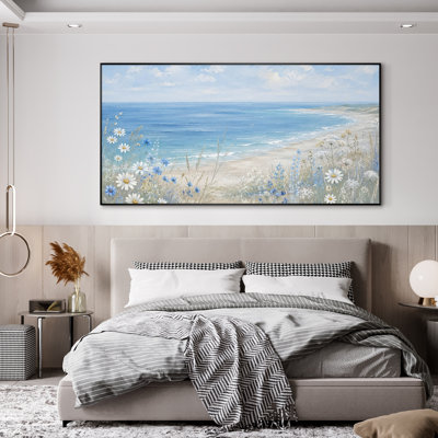 Très grand art mural imprimé sur le littoral avec vue sur la mer et les fleurs de la mer bleue et paysage de plage paisible pour le salon ou la chambre à coucher "Assemblage requis (cadre non fini)"