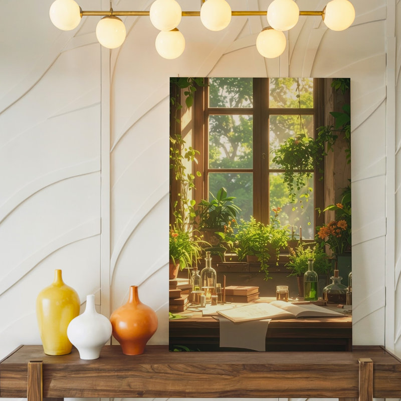 Un espace de travail intérieur douillet rempli de verdure vibrante baignée de lumière naturelle et chaleureuse sur toile, de qualité supérieure, prête à être accrochée