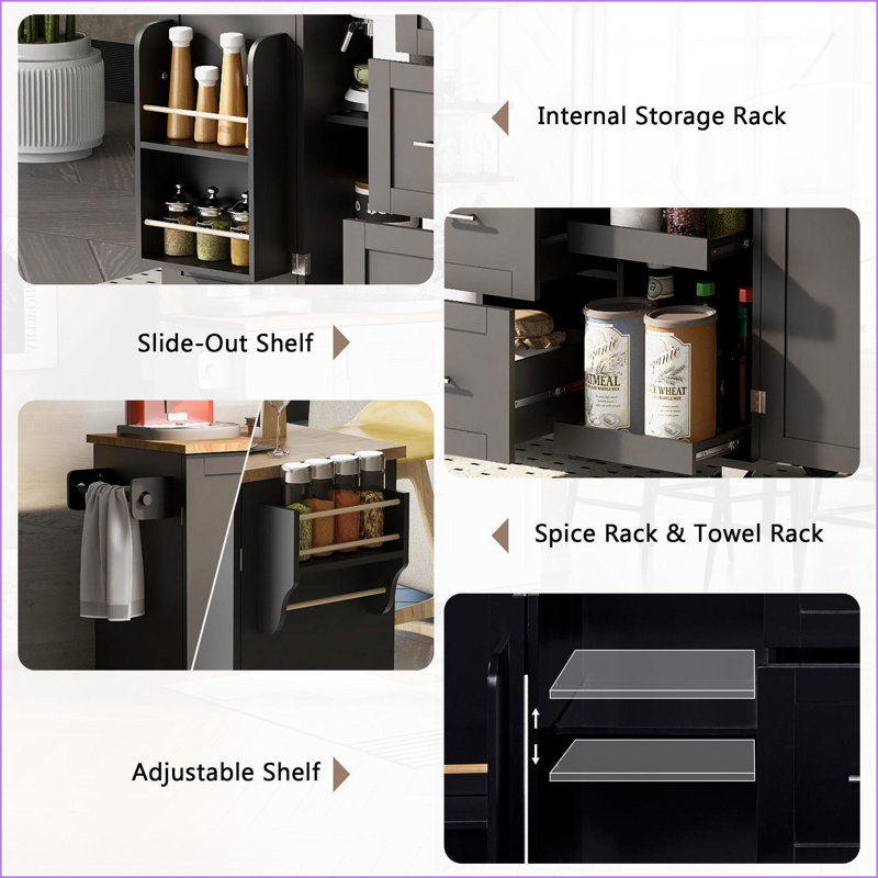 Kitchen Island with Storage, Wheels &amp; Rubber Wood Top | 3 Drawers, 2 Slide-Out Shelves | Black | Medium (40-55in), Kitchen Carts