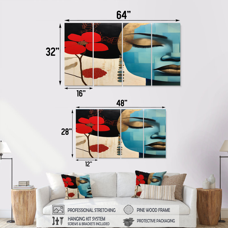 Ensemble de 4 décorations murales minimes or et bleu, fleurs rouges et beauté - femme champêtre, H 32 po x l 64 po