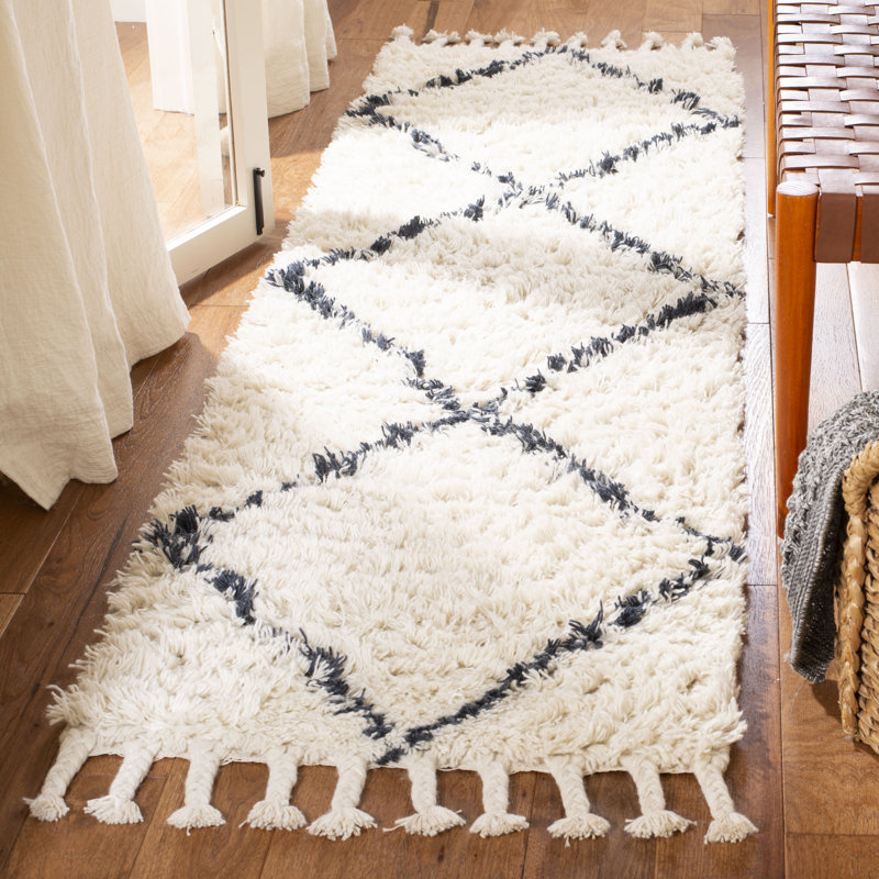Tapis ivoire / gris en laine touffeté à la main Powell, Tapis de couloir 2 pi 3 po x 8 pi