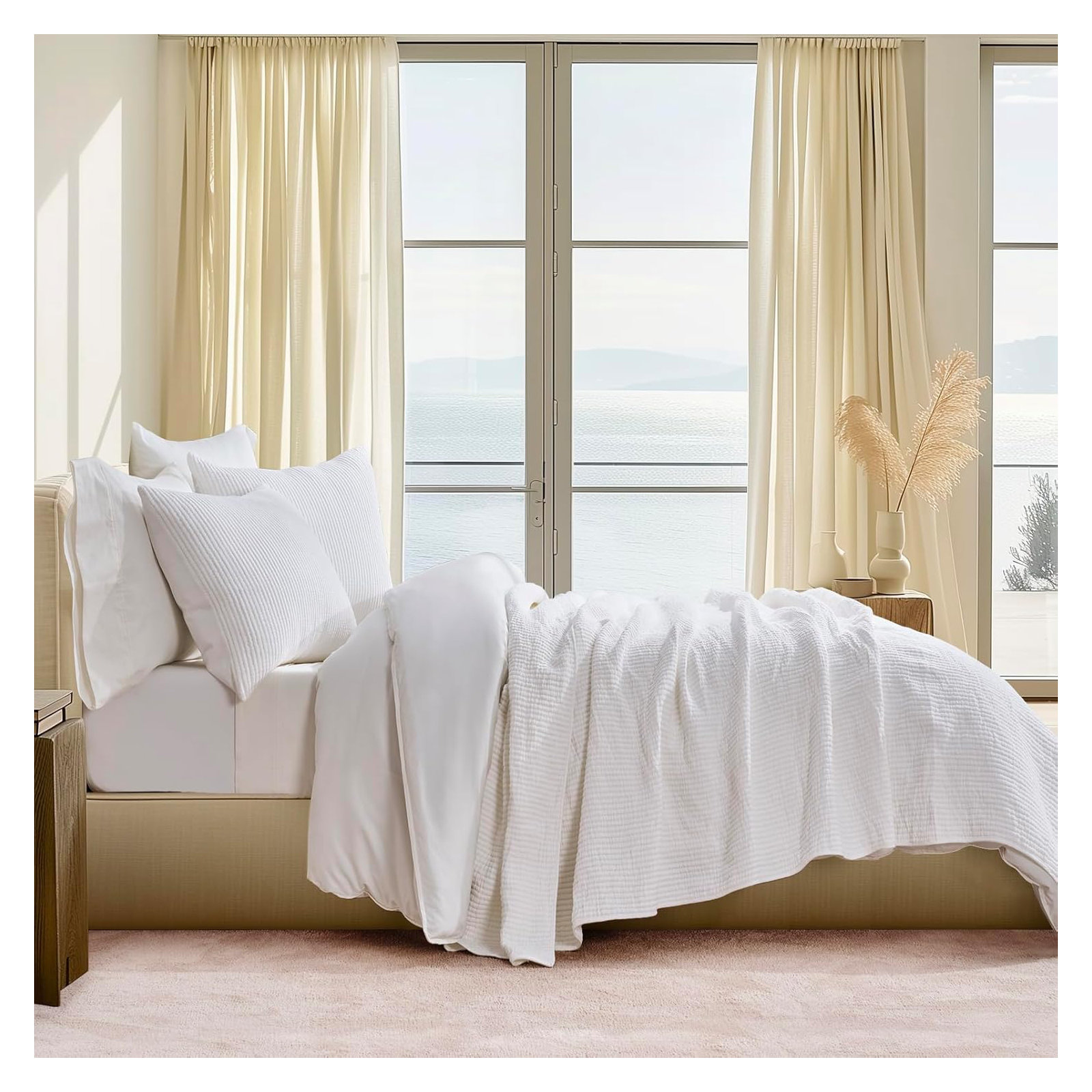 Ribbed Matelassé Cotton Coverlet Set, Ivory White, Queen Quilt + 2 Queen Shams