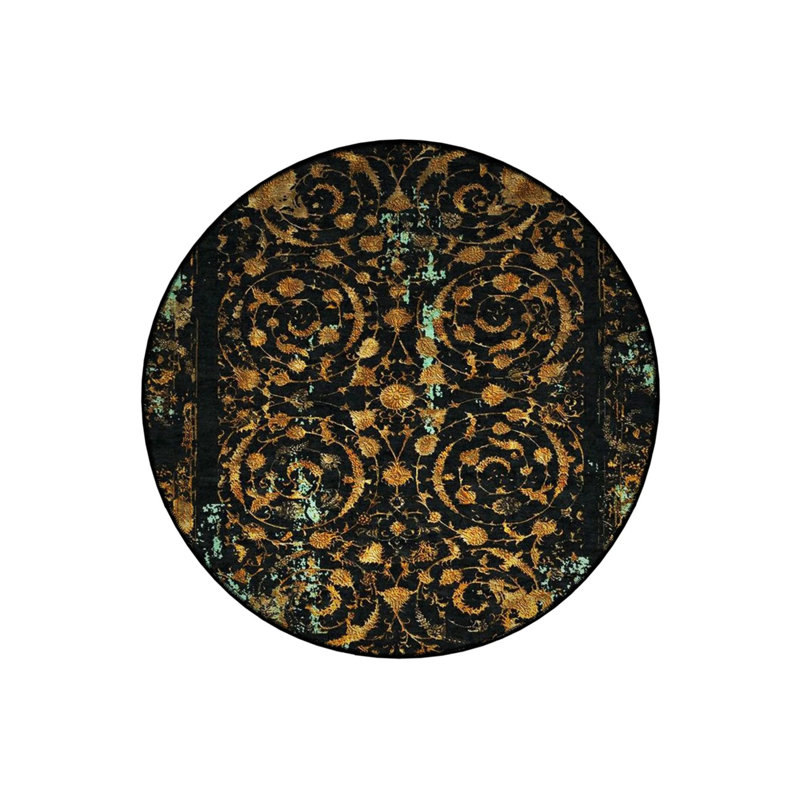Black Theme Ethnic Motif Traditional Patterned Round Woven Base Vintage Decorative Carpet, Round 4'