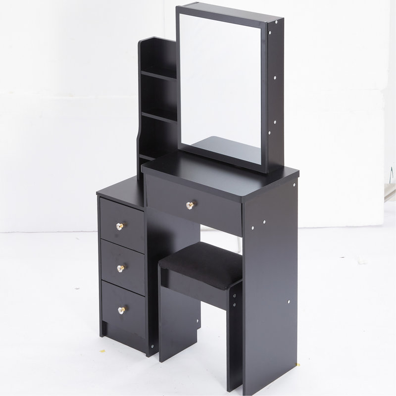 Table de coiffeuse noire avec tabouret rembourré et miroir coulissant, rangement multicouche pour les petites chambres à coucher, siège compact de style américain, très grand espace de chambre étroite à couches multiples