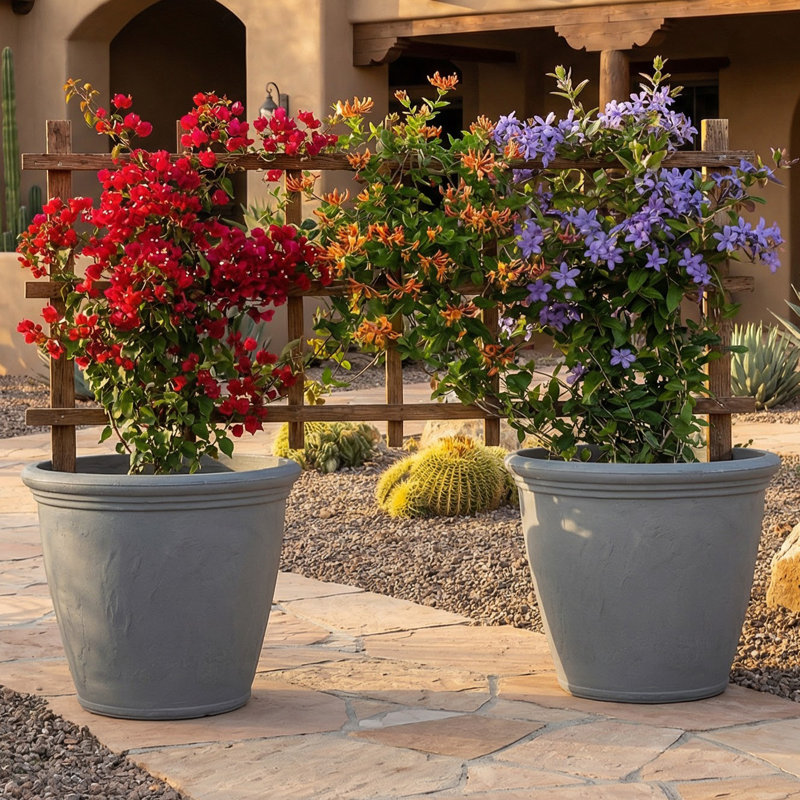 Grand pot de fleurs extérieur rond en polyrésine Anjelica - 24 po - Gris clair - Ensemble de 2, Gris