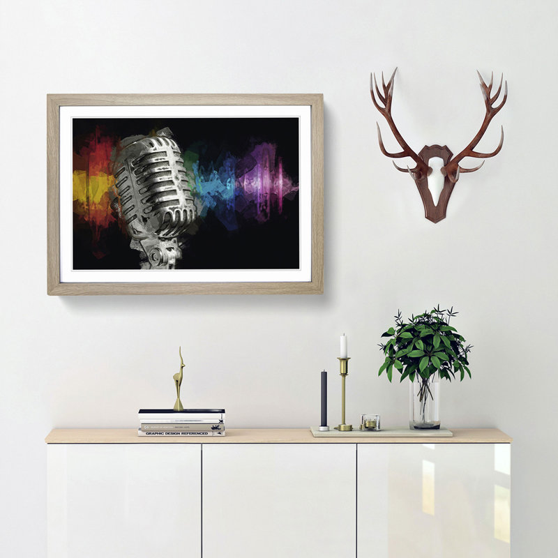 Silver Vocal Microphone in Abstract - Picture Frame Painting Print, 50cm H x 76cm W x 2cm D, Oak