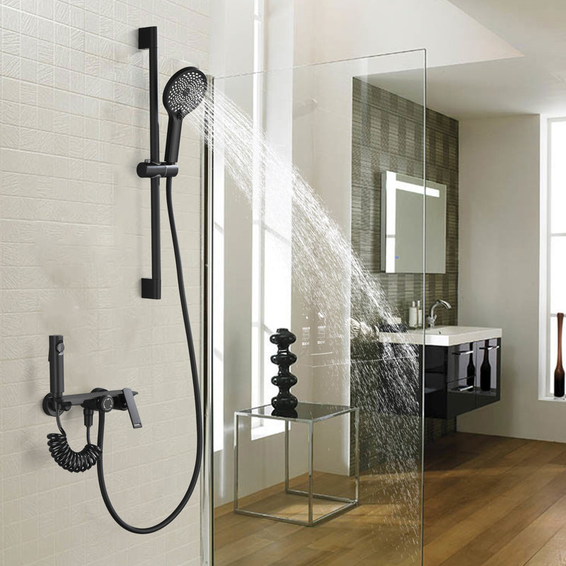Système de barre de douche en laiton Solod, pomme de douche à main à 3 fonctions avec pistolet et valve brute, Noir mat