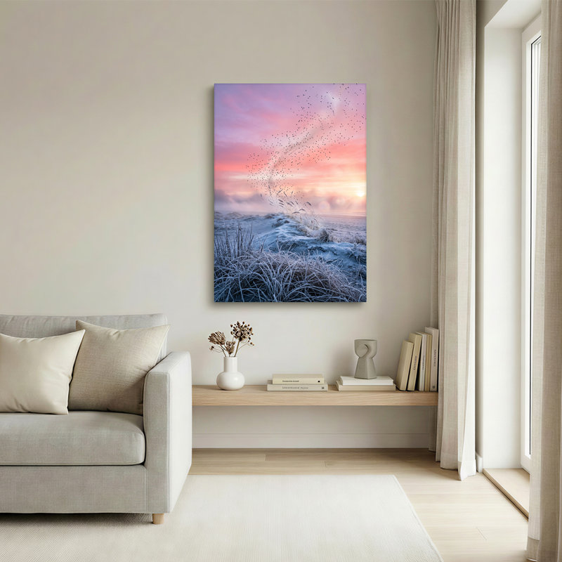 «Flock of Birds Over Frosty Grass Against Pink Sky», art mural sur toile, 24"H x 16"W