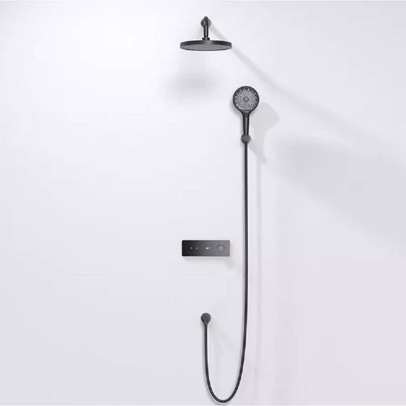 Système de douche mural rond noir avec douche à main et mélangeur numérique Novarra