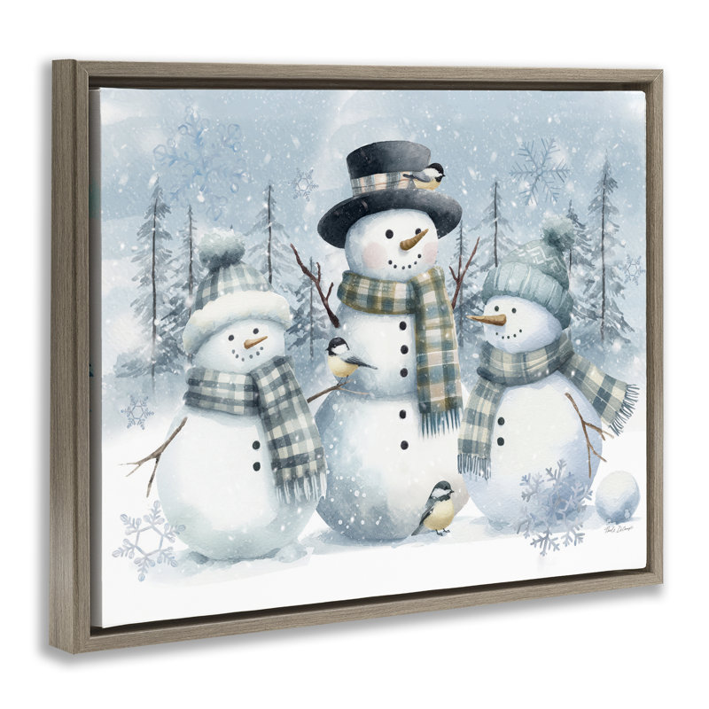 Cadre flottant bonhomme de neige et trio d'oiseaux, design par Nicole DeCamp, H 25 po x l 31 po