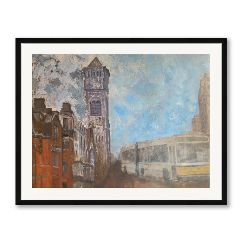 «Bus on Clarendon Street» par Sol Hartman - Peinture, H 24 po x l 30 po, Papier avec cadre noir