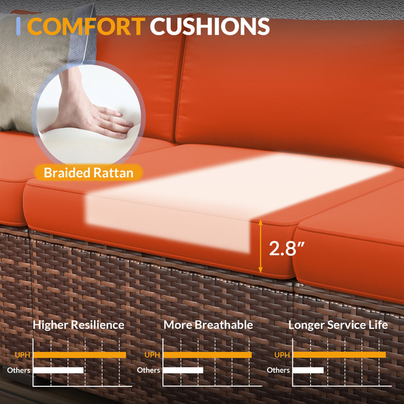 Ensemble de meubles de patio 7 pièces, canapé modulaire en rotin avec dossier incliné, Brun, Orange