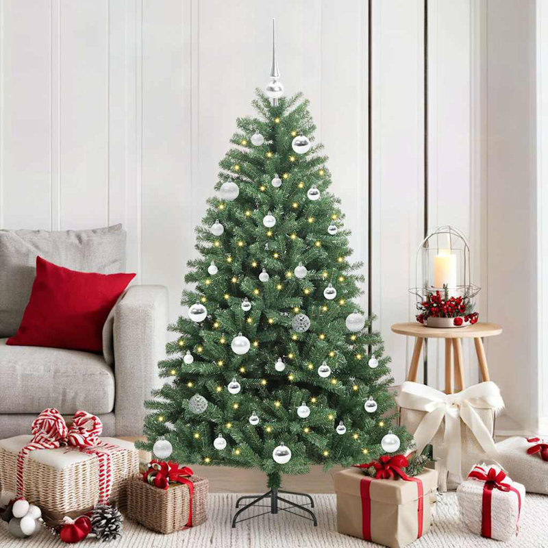 Artificial Hinged Christmas Tree Green PVC and Metal, 120 cm, with Leds & Silver Balls, Green