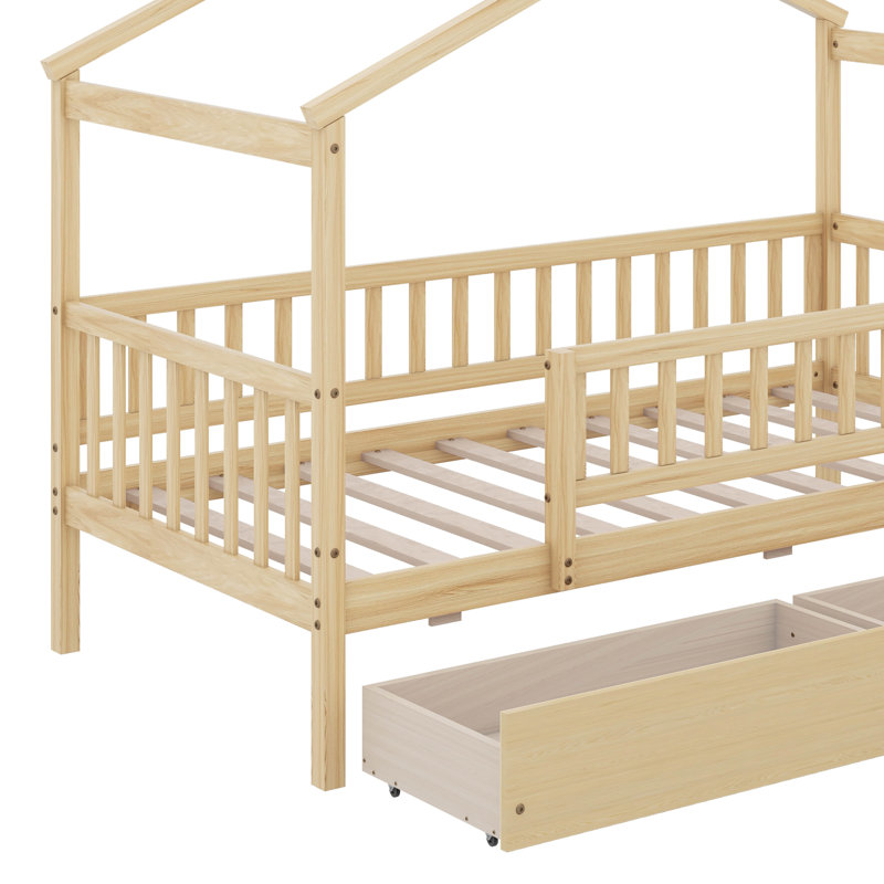 Lit double en bois avec tiroirs, Naturel