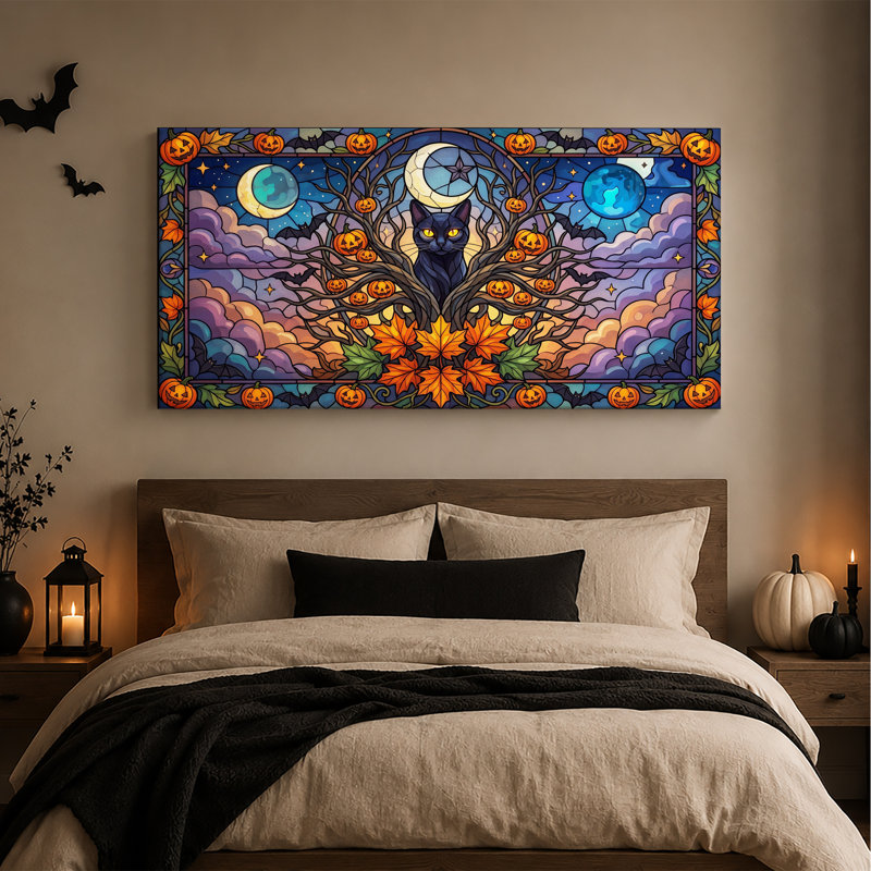 Art mural sur toile, "Chat noir dans un arbre en verre coloré avec citrouilles", L 46 po x H 24 po