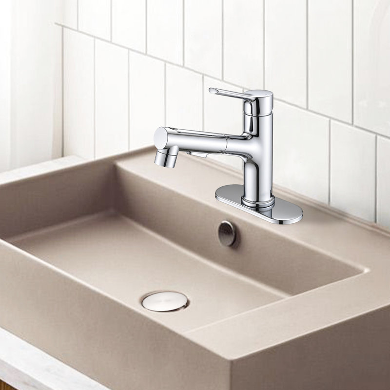 Bathroom Faucet With Pull-Out Spray Head, Single Handle, , 3 Options, Pop-Up Drain & Deck Plate, Stainless Steel