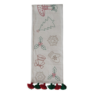 Woven Cotton Table Runner With Embroidered Holiday Icons And Tassels