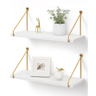Tablettes flottantes pour le mur, étagères murales métalliques dorées et blanches, étagères pour la cuisine de la chambre à coucher, bibliothèque chic en bois massif et métal, ensemble de 2
