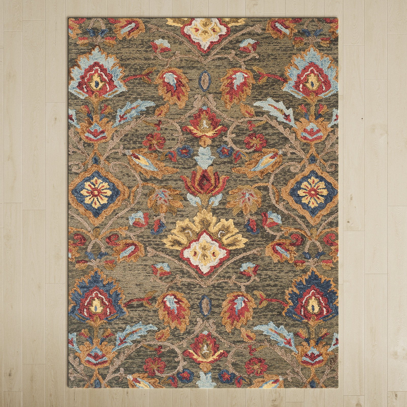 Tansy Handmade Wool Green / Multi Rug, Rectangle 4' x 6'