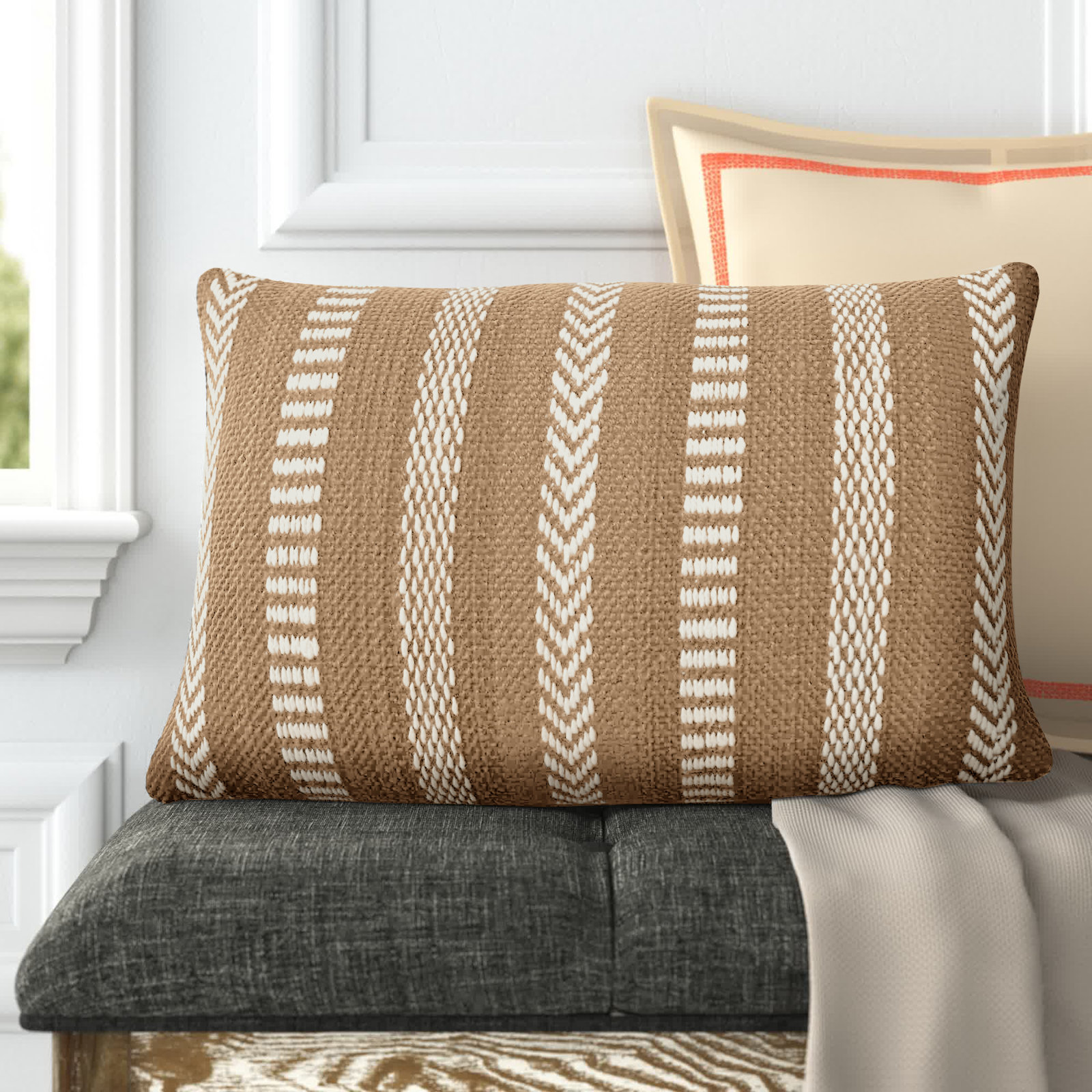 Positano 21" x 13" Embroidered Pillow Cover, Taupe/Beige, No Fill