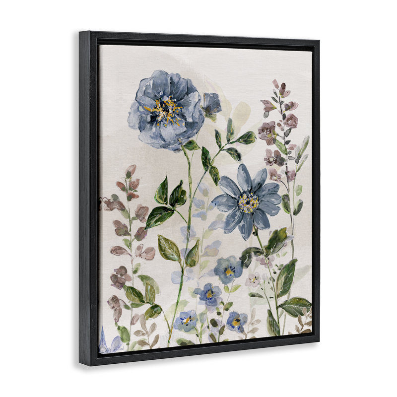 «Blush Blue Garden Flowers», art mural encadré par Sally Swatland, Cadre flottant noir de jais, H 21 po x l 17 po